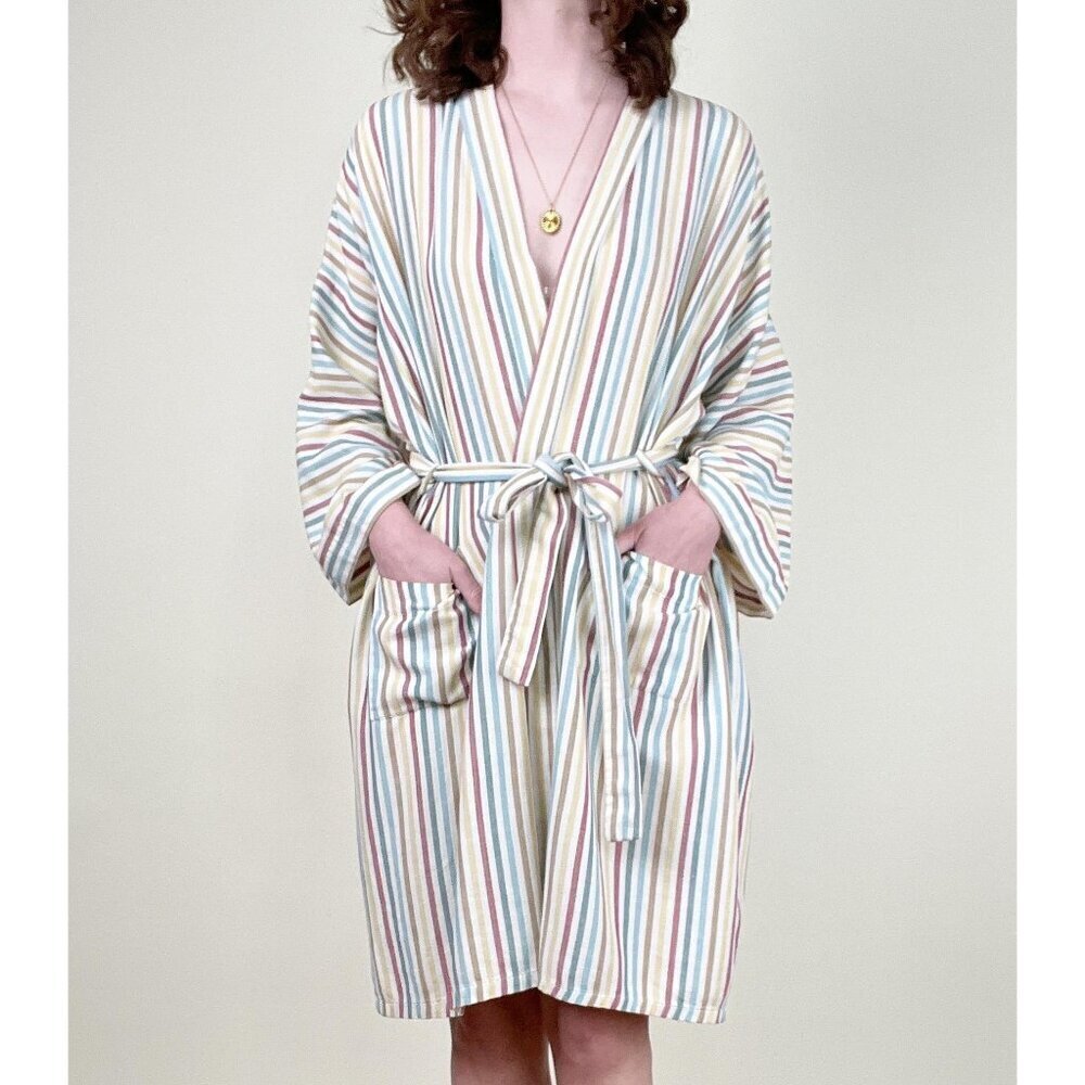 Vintage Rainbow Striped Robe Duster Cardigan Light House Coat Jacket PJs Pajamas